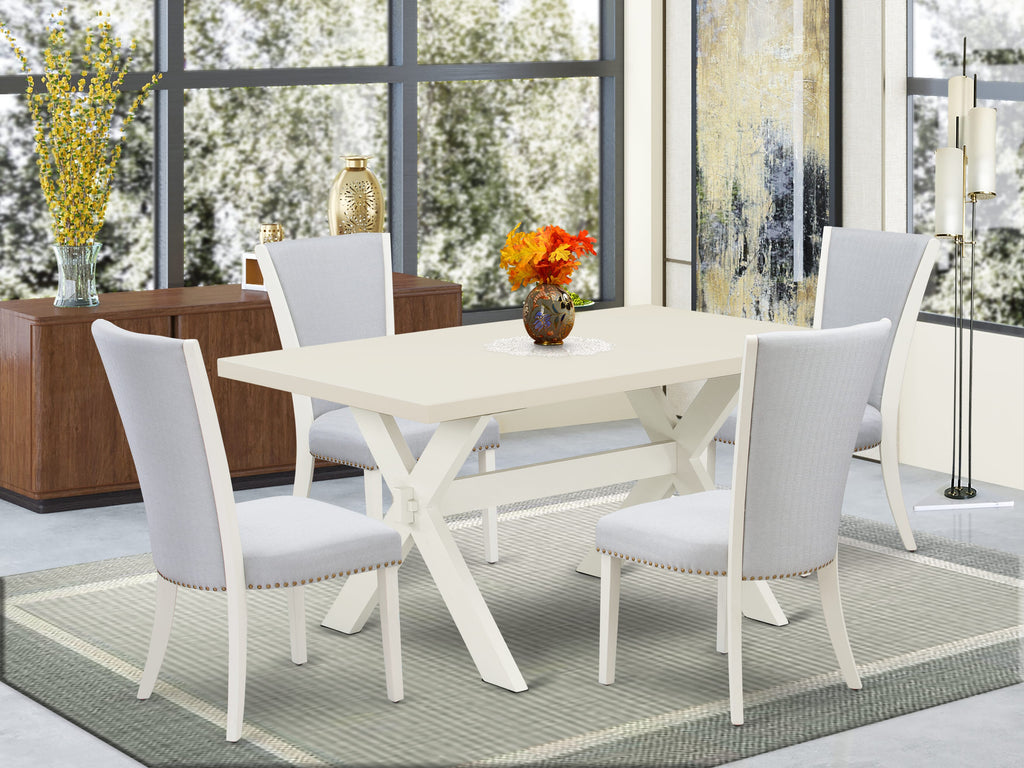 X026V4JX2-B Stylish Dining Ensemble Rectangle Table with X-Legs and 4 Cozy Parson Chairs, Multi Hues