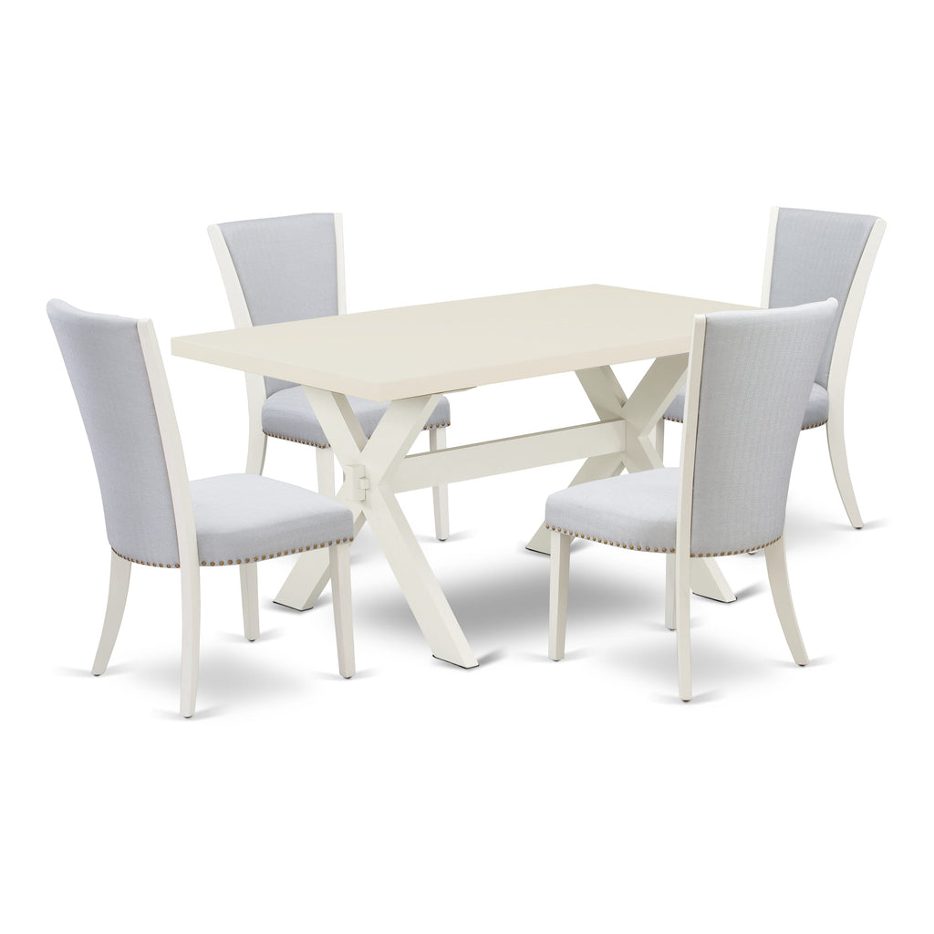 X026V4JX2-B Stylish Dining Ensemble Rectangle Table with X-Legs and 4 Cozy Parson Chairs, Multi Hues