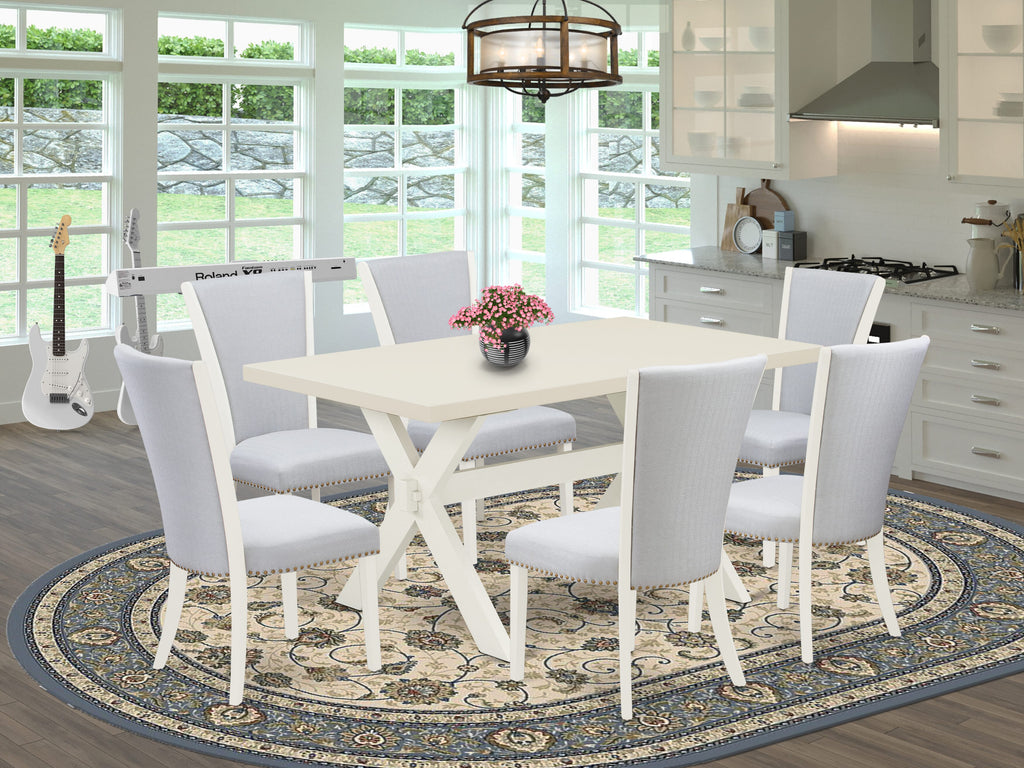 X026V1IJL-M 7 Piece Dining Set Rectangle Table with X-Legs & 6 Grey Linen Chairs, 36x60, Multi-Tone Elegance
