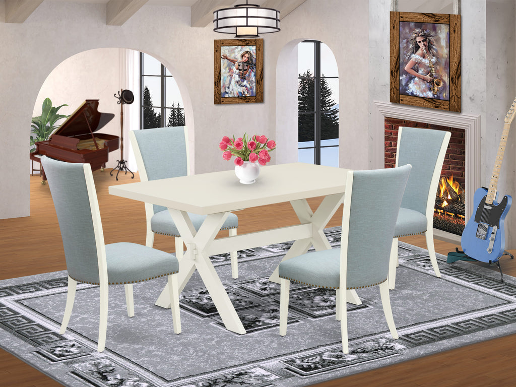 5-Piece Dining Ensemble X026VJTRK-4 Stylish Rectangular Table with Unique X-Legs & 4 Chic Baby Blue Parsons Chairs