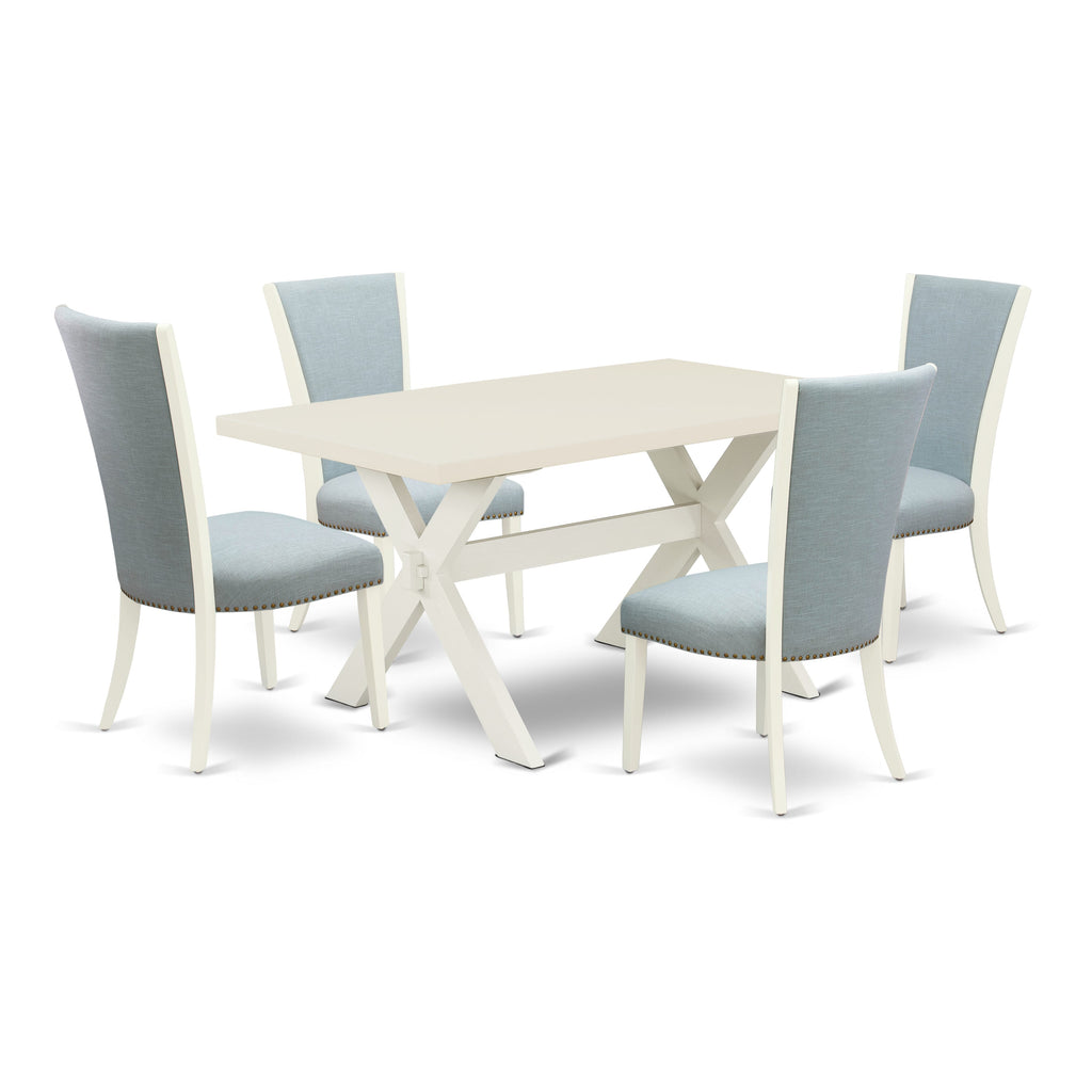 5-Piece Dining Ensemble X026VJTRK-4 Stylish Rectangular Table with Unique X-Legs & 4 Chic Baby Blue Parsons Chairs