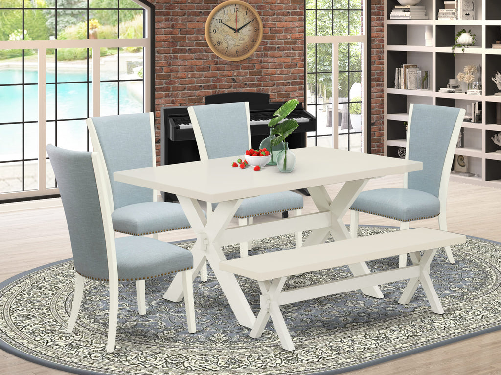 X026V2EDW-3 Modern Dining Realm 6-Piece Table Set with X-Leg Table, Upholstered Chairs & Bench in Blue Fabric