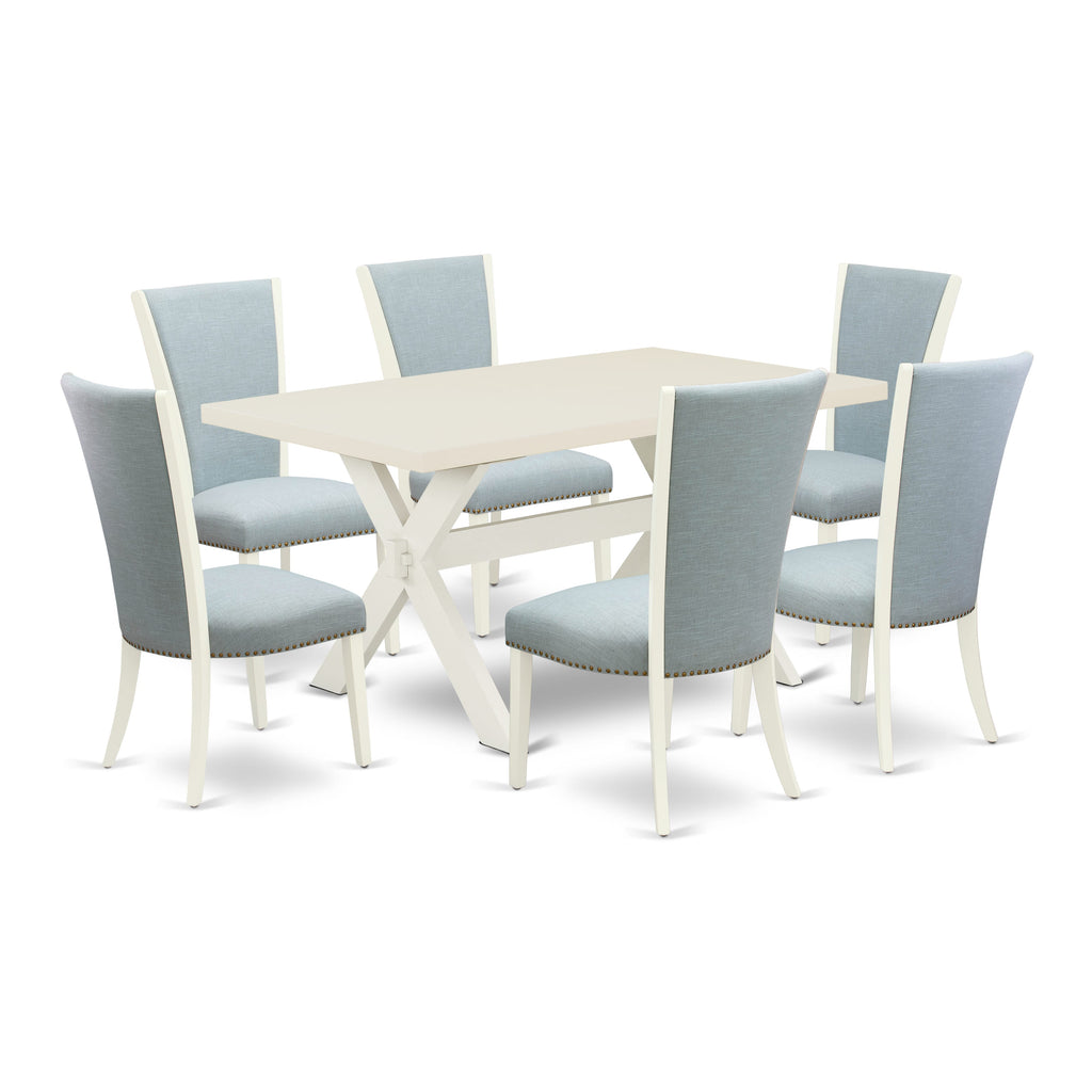 X026VUP5N-X 7-Piece Dining Set Rectangular Table with X-Legs & 6 Fabric Upholstered Chairs in Baby Blue, Multi-Color, 36x60