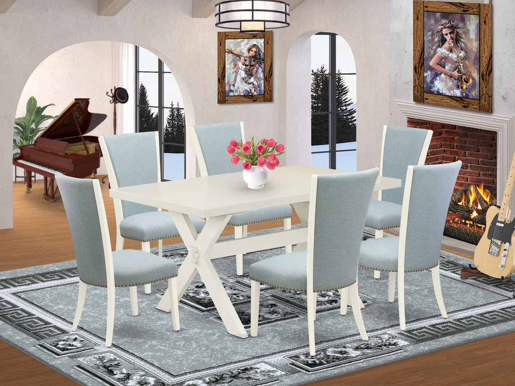 X026VUP5N-X 7-Piece Dining Set Rectangular Table with X-Legs & 6 Fabric Upholstered Chairs in Baby Blue, Multi-Color, 36x60
