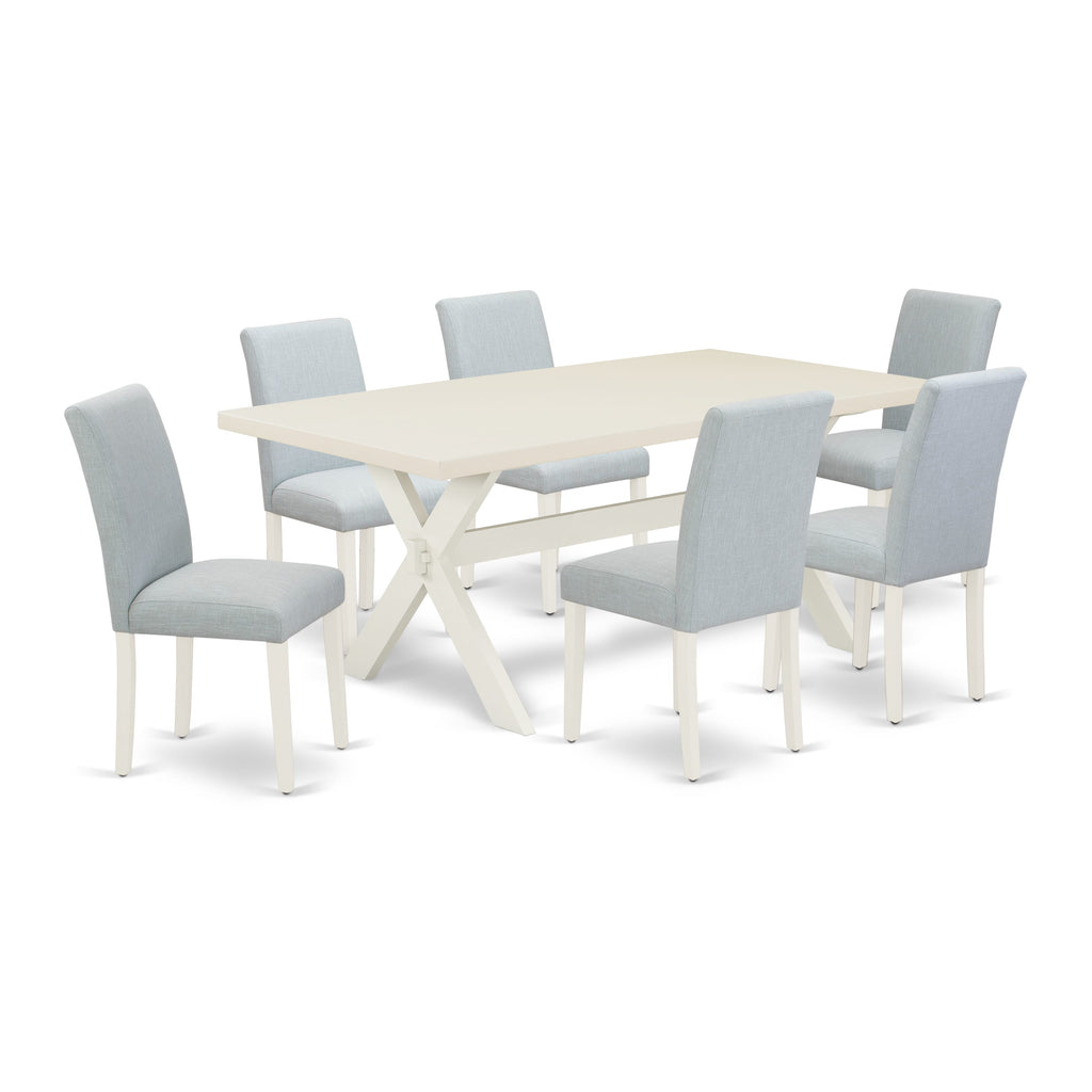 X027AVNYN-M 7 Piece Dining Ensemble Featuring Rectangular Table with X-Legs & 6 Blue Linen Seats, 40x72