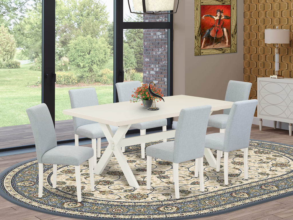 X027AVNYN-M 7 Piece Dining Ensemble Featuring Rectangular Table with X-Legs & 6 Blue Linen Seats, 40x72