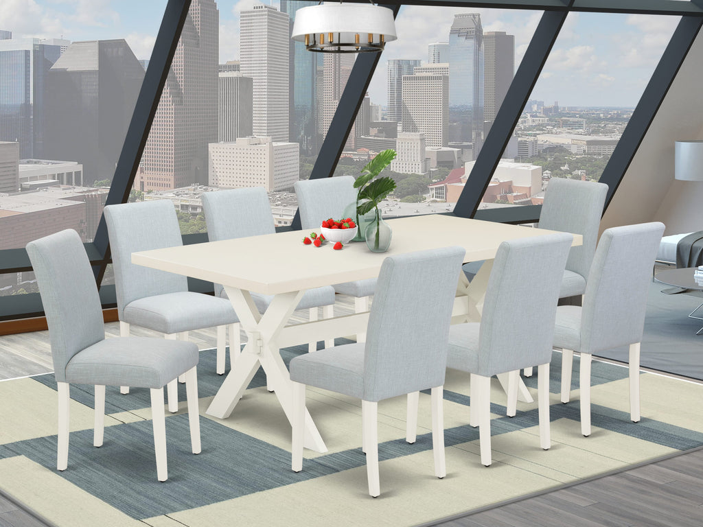 X027AXESK-H 9-Piece Dining Set with X-Style Table and 8 Blue Upholstered Chairs for Dining Spaces
