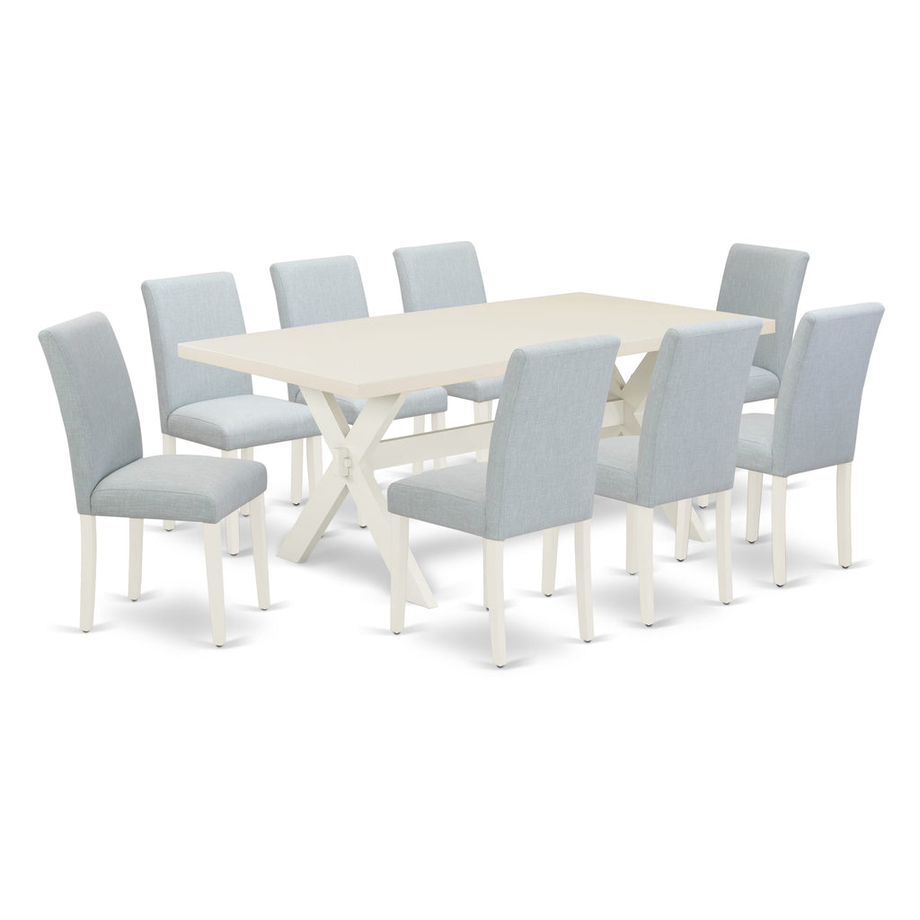 X027AXESK-H 9-Piece Dining Set with X-Style Table and 8 Blue Upholstered Chairs for Dining Spaces