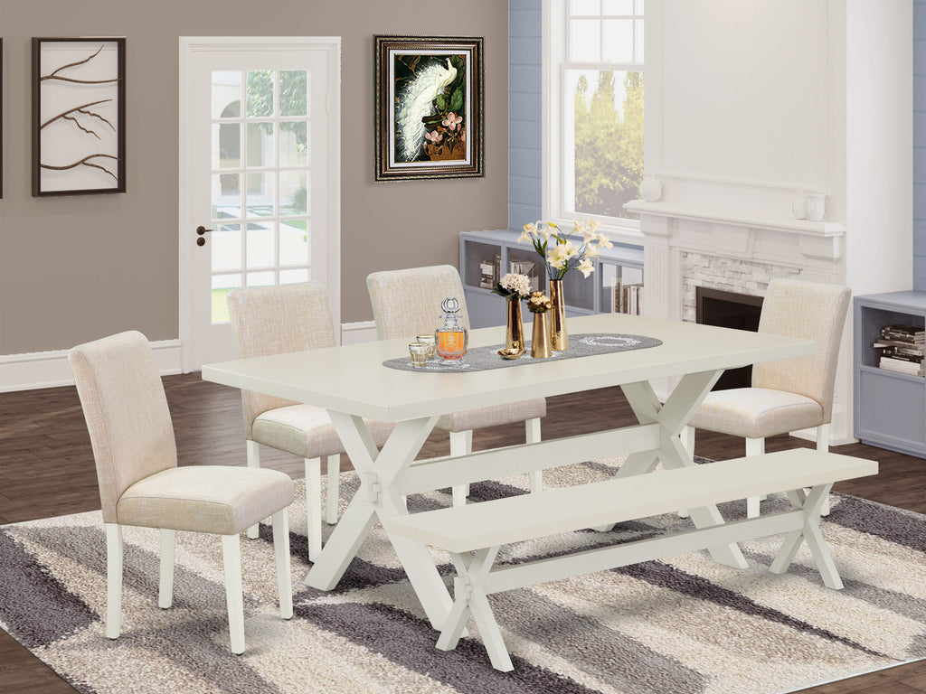 X027AIQRV-4 6-Pc Dining Set - Rectangle X-Leg Table w/ Light Beige Seats & Bench, 40x72