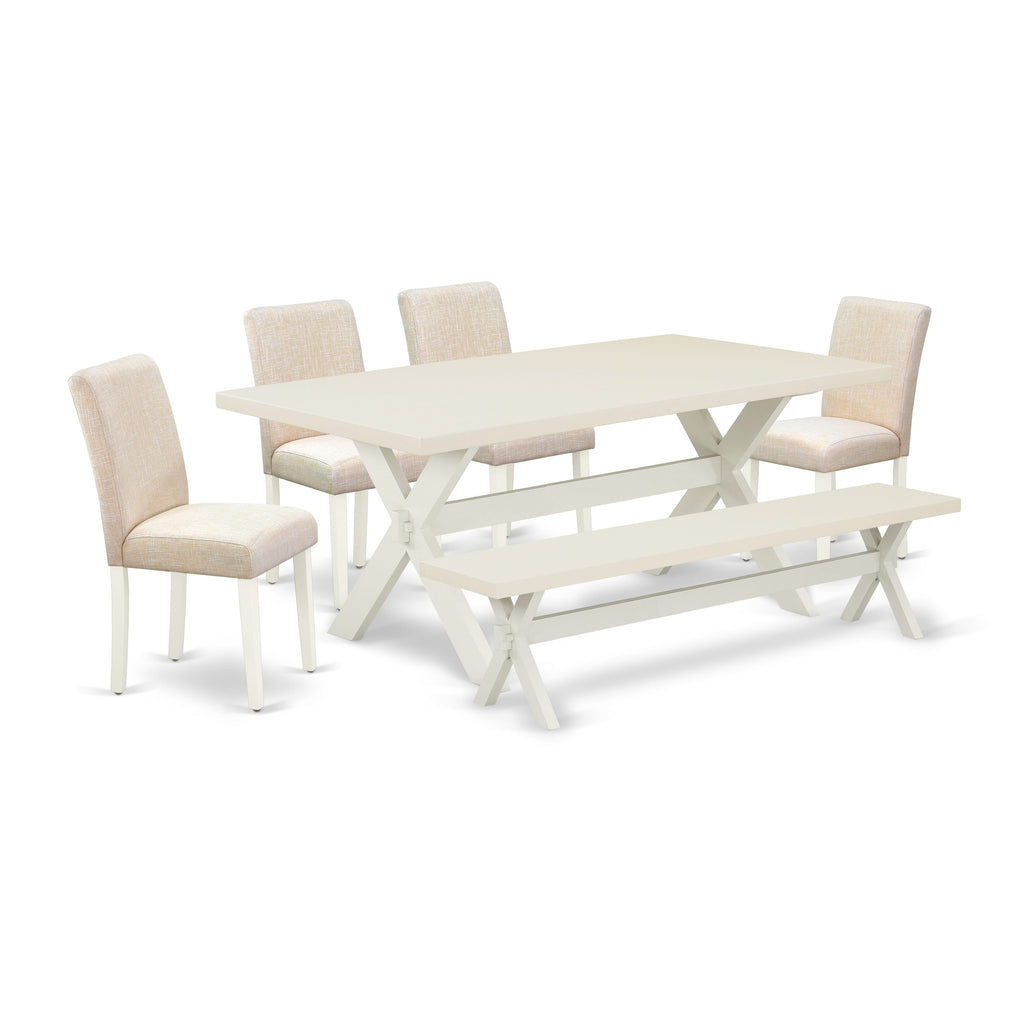 X027AIQRV-4 6-Pc Dining Set - Rectangle X-Leg Table w/ Light Beige Seats & Bench, 40x72