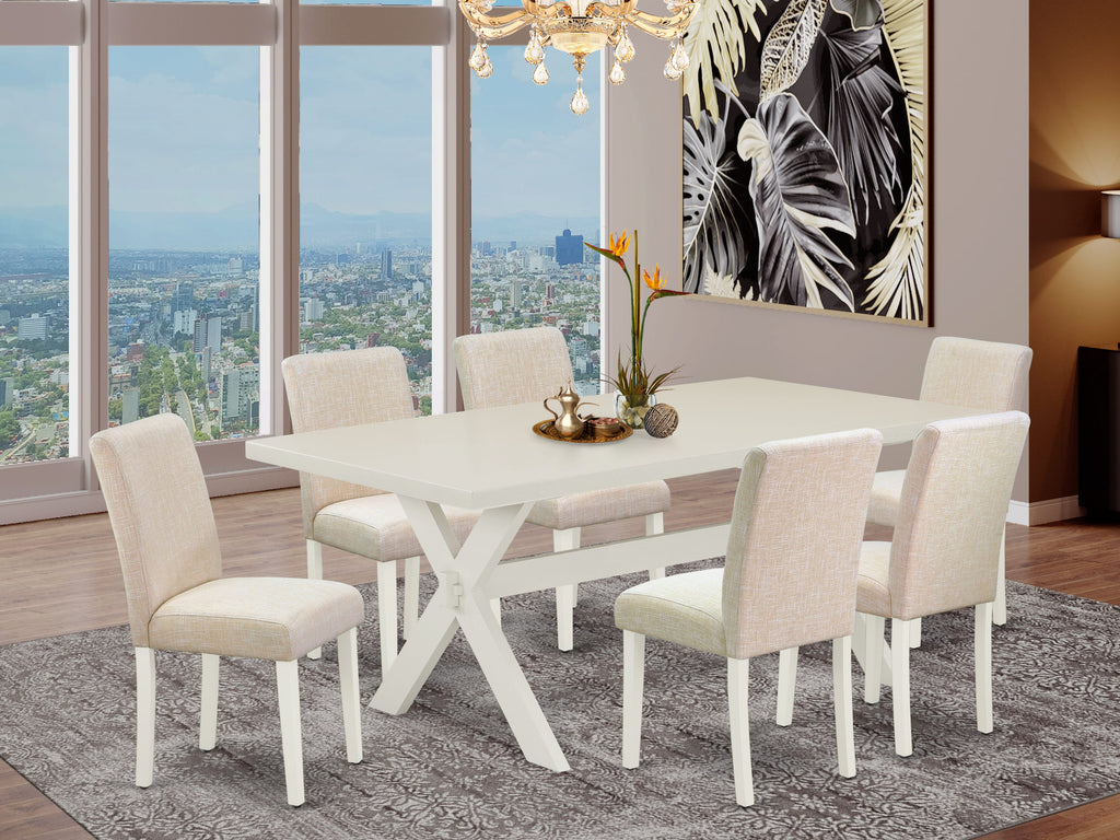 X027AOIO8-E 7-Piece Dining Set - Rectangular Table with X-Legs & 6 Parson Chairs in Light Beige Fabric, Multi-Color 40x72