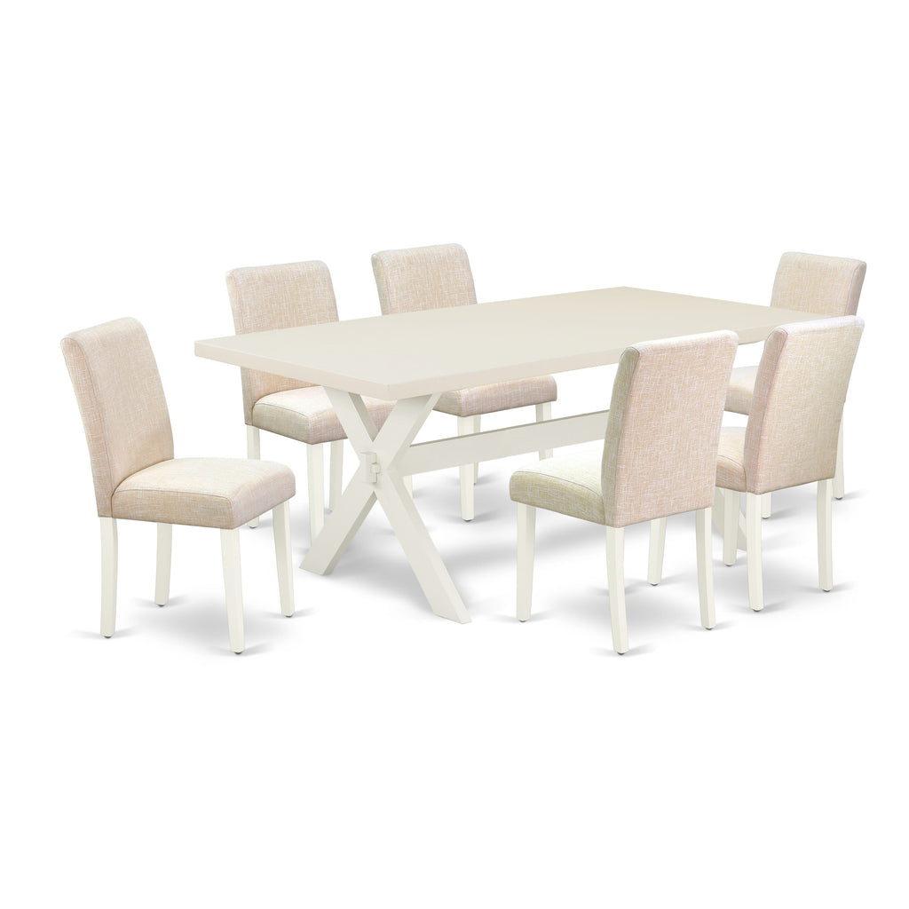 X027AOIO8-E 7-Piece Dining Set - Rectangular Table with X-Legs & 6 Parson Chairs in Light Beige Fabric, Multi-Color 40x72
