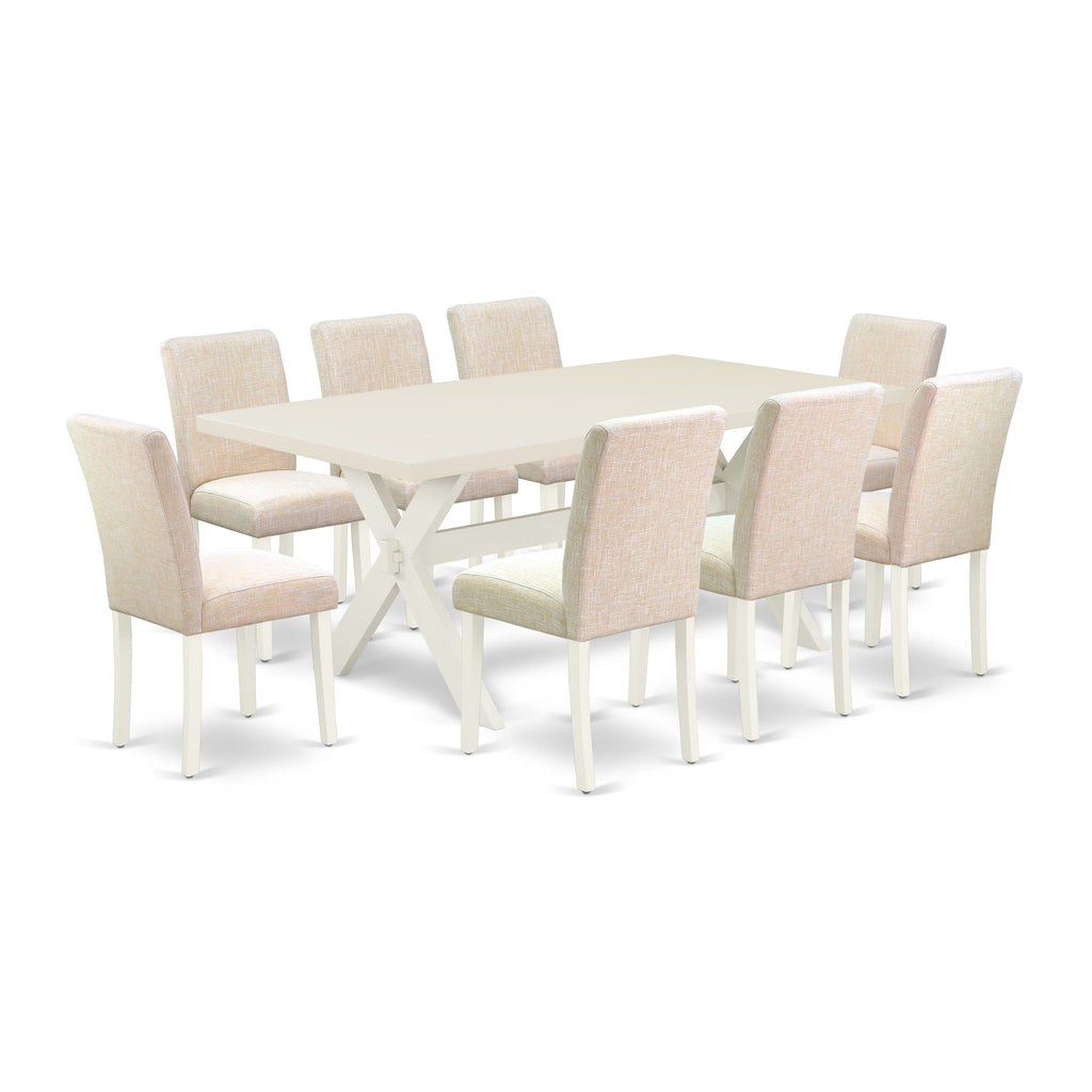 X027ANFYS-V 9-Piece Dining Ensemble with Rectangular Table and Upholstered Chairs in Light Beige, 40x72