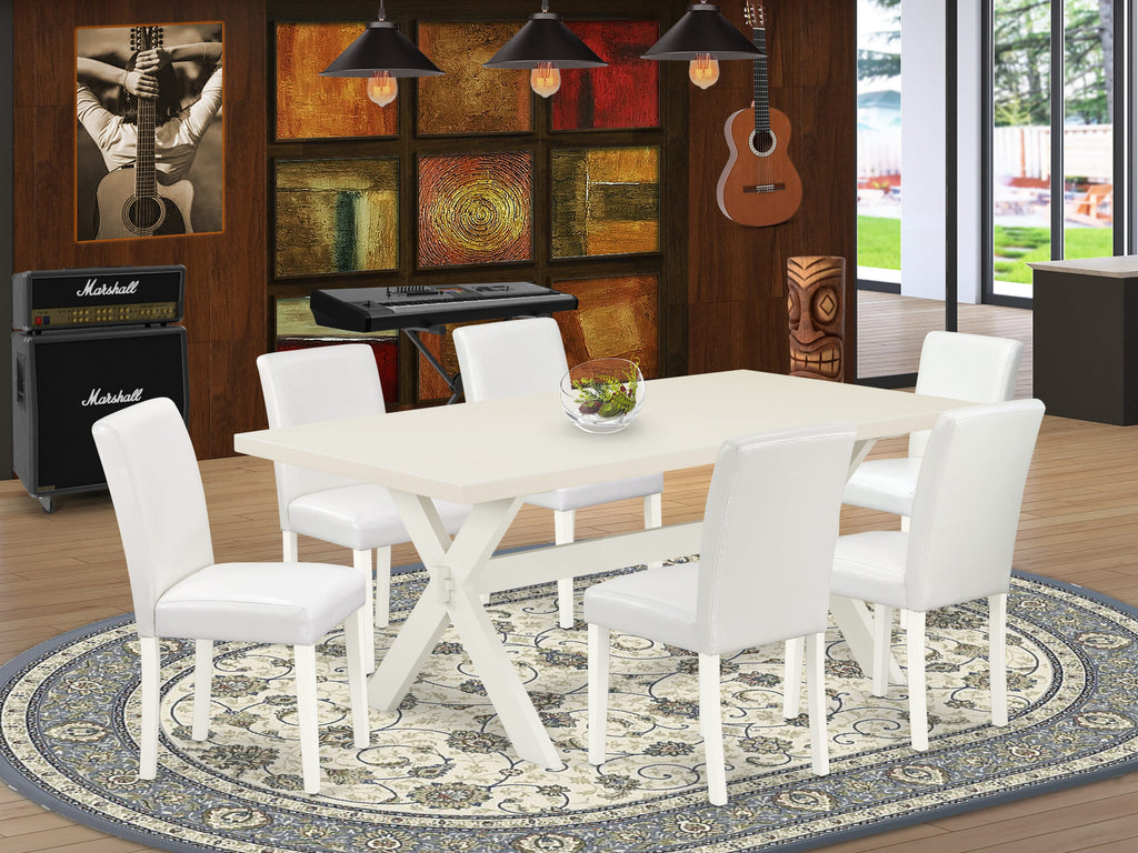 X027AH422-J 7 Piece Dining Ensemble with Rectangular Table and 6 White Upholstered Parson Chairs, 40x72 Diverse Palette