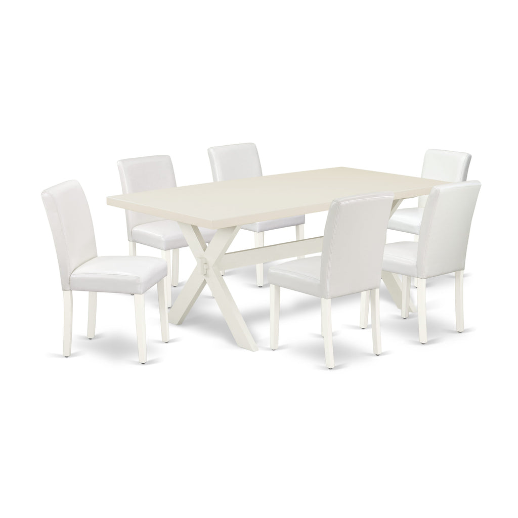 X027AH422-J 7 Piece Dining Ensemble with Rectangular Table and 6 White Upholstered Parson Chairs, 40x72 Diverse Palette