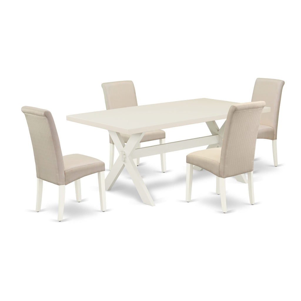 X027BSTRY-D 5-Piece Dining Ensemble Featuring a Rectangular Table with X-Legs and 4 Upholstered Cream Chairs, 40x72 Multi-Color Set