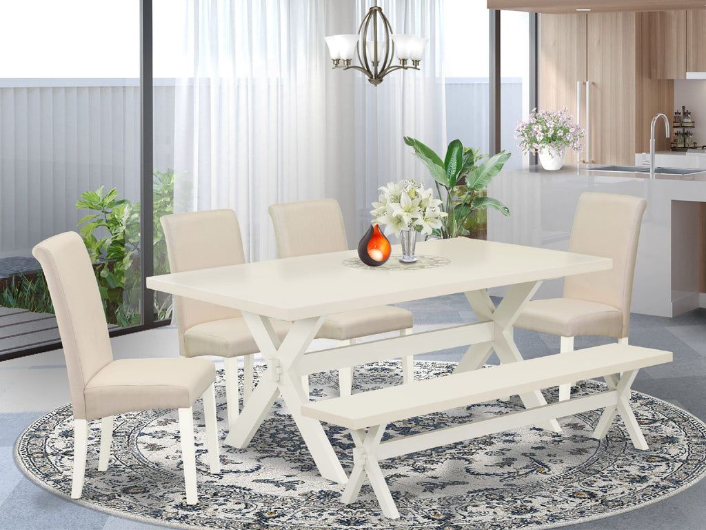 X027BF4WF-W 6 PC Dining Set with Rectangular Table and X-Legs plus 4 Cream Chairs Bench, 40x72 Inch, Multi