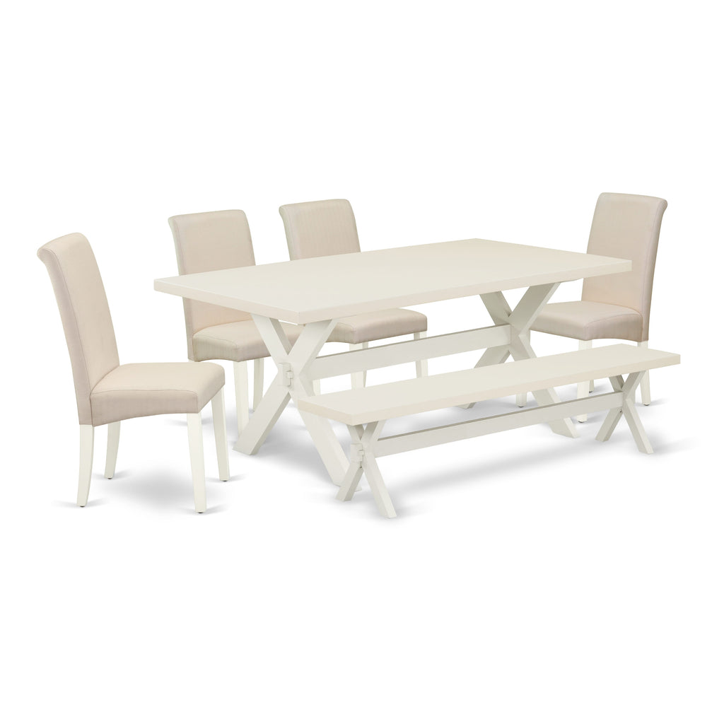 X027BF4WF-W 6 PC Dining Set with Rectangular Table and X-Legs plus 4 Cream Chairs Bench, 40x72 Inch, Multi