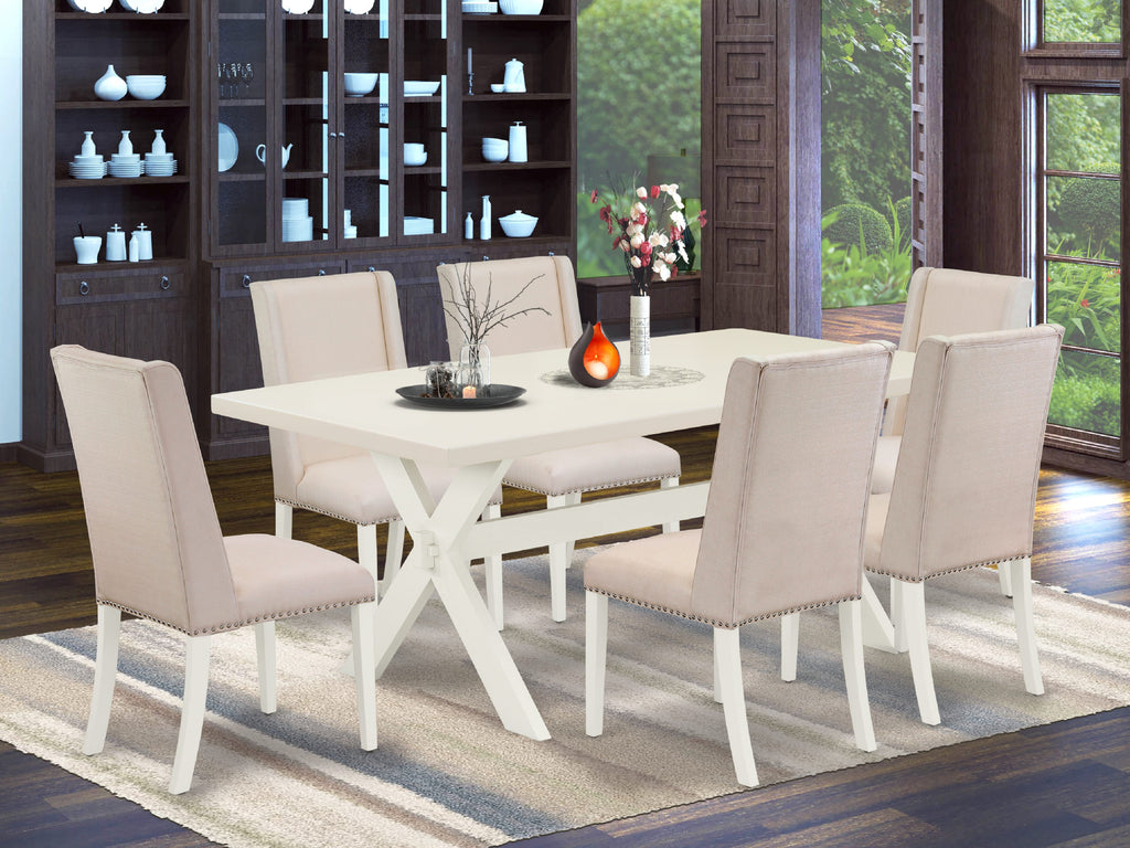 X027BUG7J-X 7-Piece Dining Ensemble with Rectangular Table & Cream Linen Chairs, 72 Multi-Color