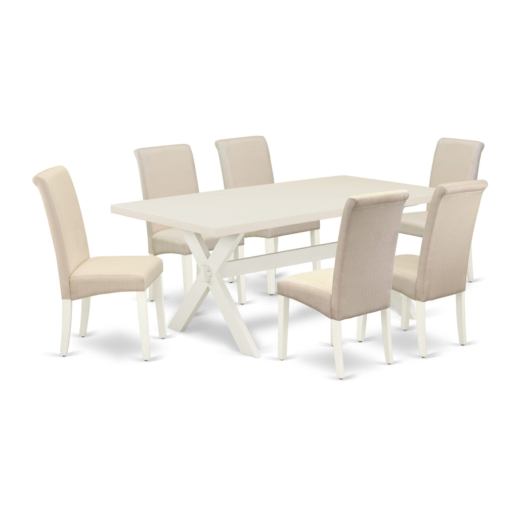 X027BUG7J-X 7-Piece Dining Ensemble with Rectangular Table & Cream Linen Chairs, 72 Multi-Color