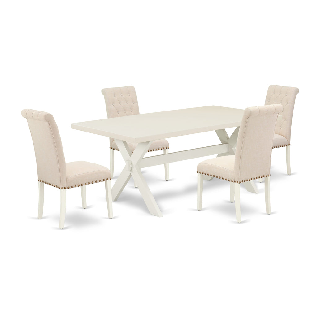 5-Piece Dining Set with Rectangle Table, X-Legs & Light Beige Parson Chairs, X027B1J2J-2, Multi-Color Elegance