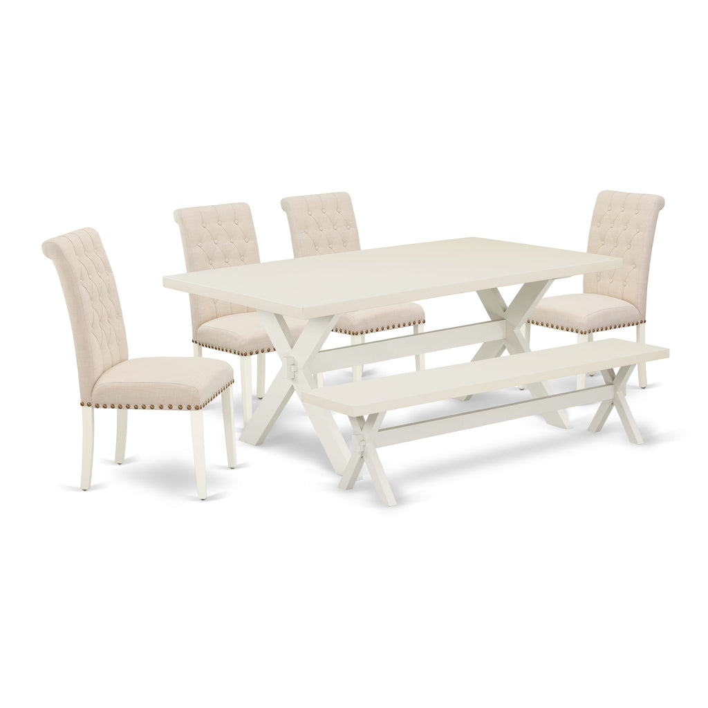 X027B65M4-S 6-Piece Dining Ensemble with Rectangular Table, Bench & 4 Beige Chairs, Multi-Tone Design, 40x72 Inch