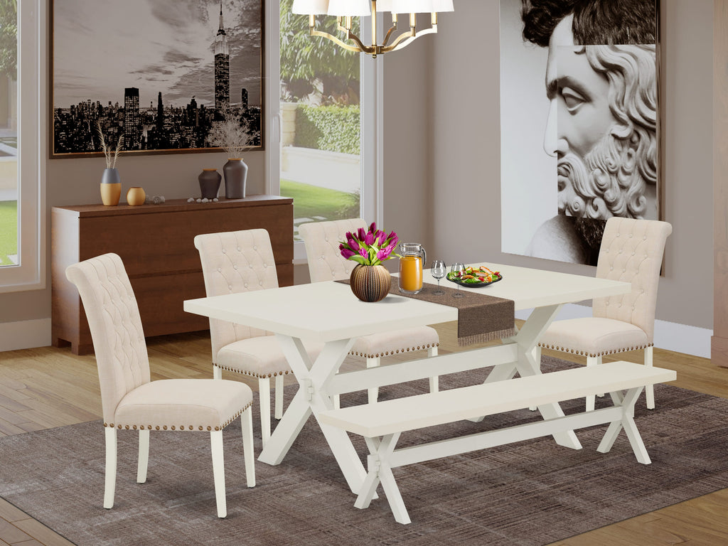 X027B65M4-S 6-Piece Dining Ensemble with Rectangular Table, Bench & 4 Beige Chairs, Multi-Tone Design, 40x72 Inch