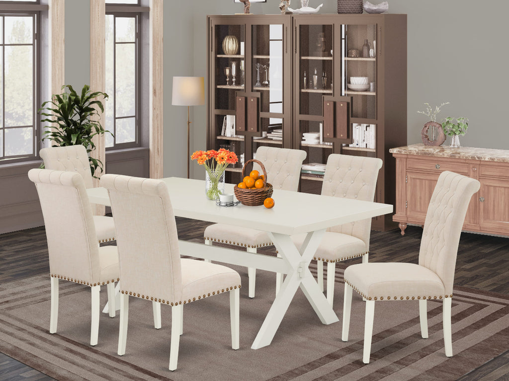 Dining Set 7-Piece X027BJDEH-1 Rectangle Table with X-Legs & 6 Beige Linen Chairs