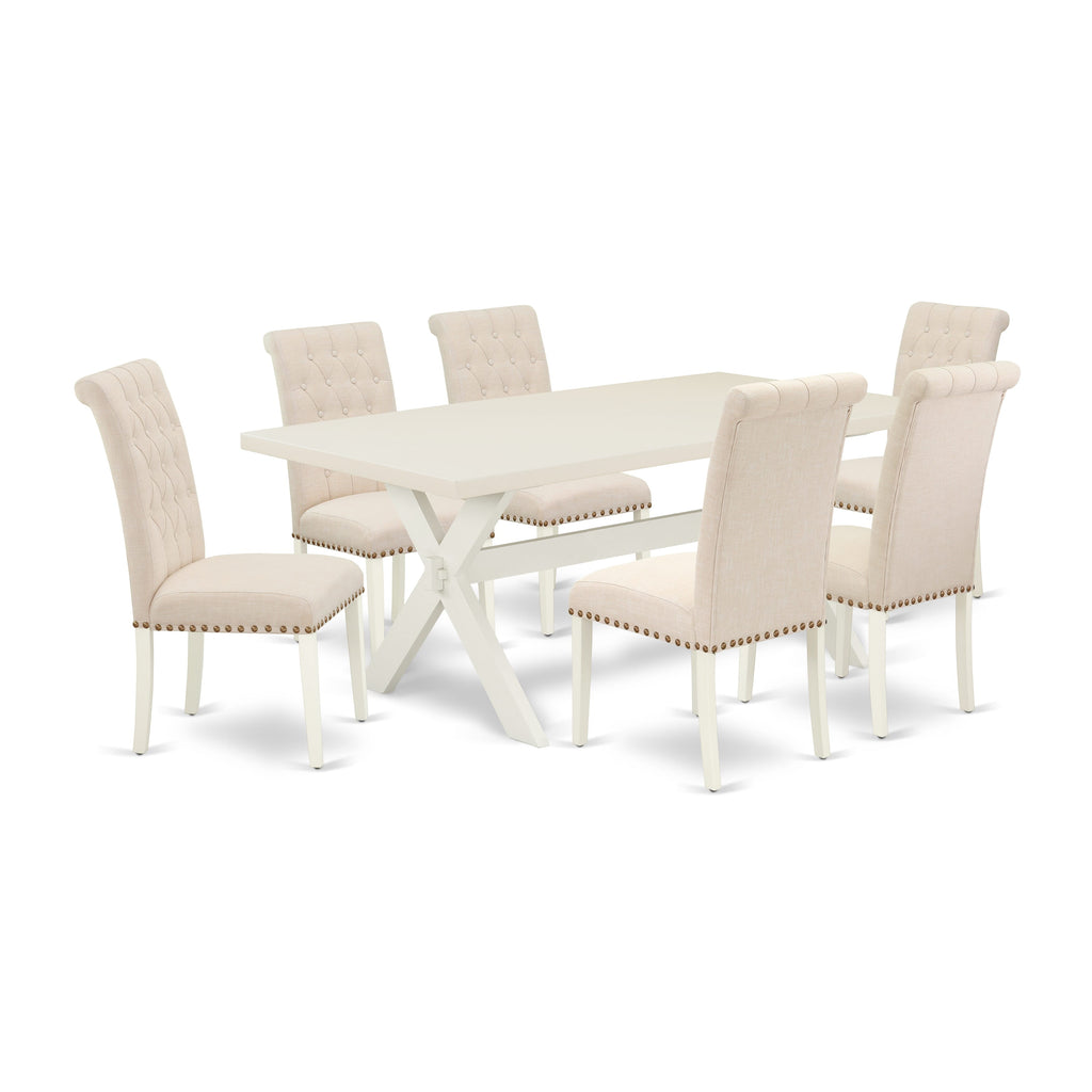 Dining Set 7-Piece X027BJDEH-1 Rectangle Table with X-Legs & 6 Beige Linen Chairs
