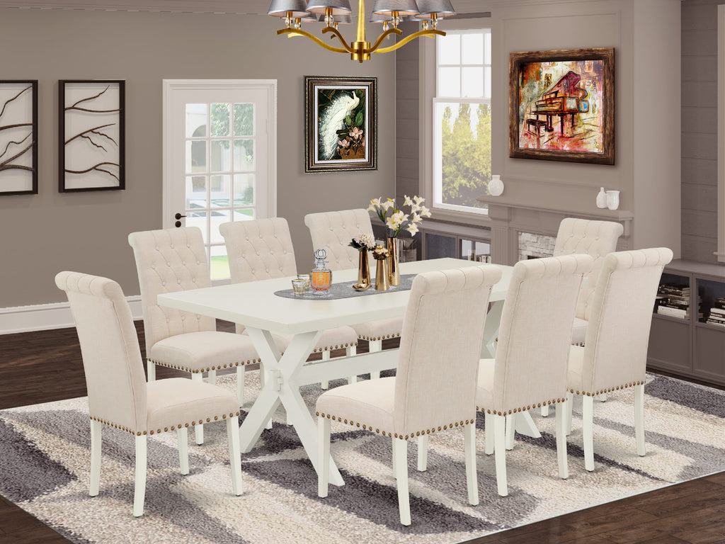 X027BMDEG-1 Stunning 9-Piece Dining Ensemble Rectangular Table & 8 Beige Upholstered Chairs, 40x72, Multi-Color