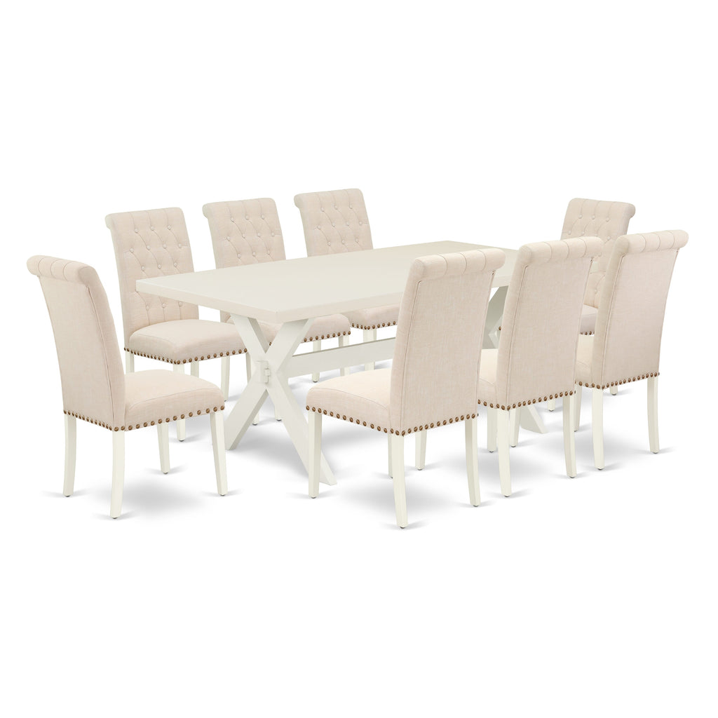 X027BMDEG-1 Stunning 9-Piece Dining Ensemble Rectangular Table & 8 Beige Upholstered Chairs, 40x72, Multi-Color