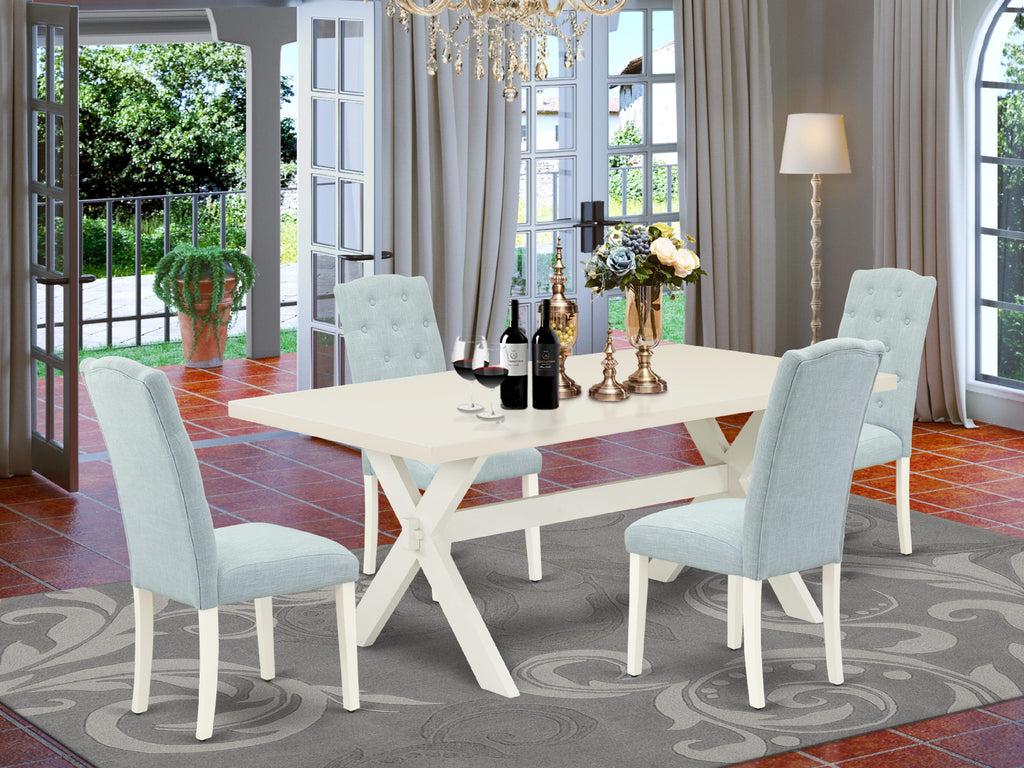 X027CPTKZ-E 5 Piece Rectangular Dining Set Table with X-Frame & 4 Baby Blue Fabric Chairs, 40x72