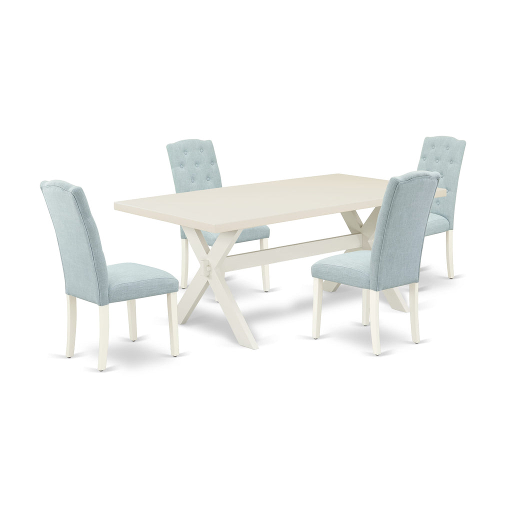 X027CPTKZ-E 5 Piece Rectangular Dining Set Table with X-Frame & 4 Baby Blue Fabric Chairs, 40x72