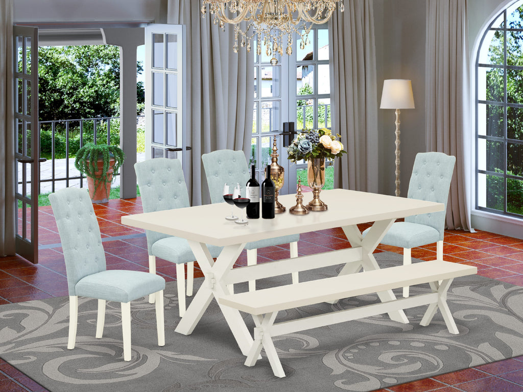 X027C6HAK-I 6-Piece Dining Ensemble with Rectangular Table, Upholstered Chairs in Baby Blue and Versatile Bench