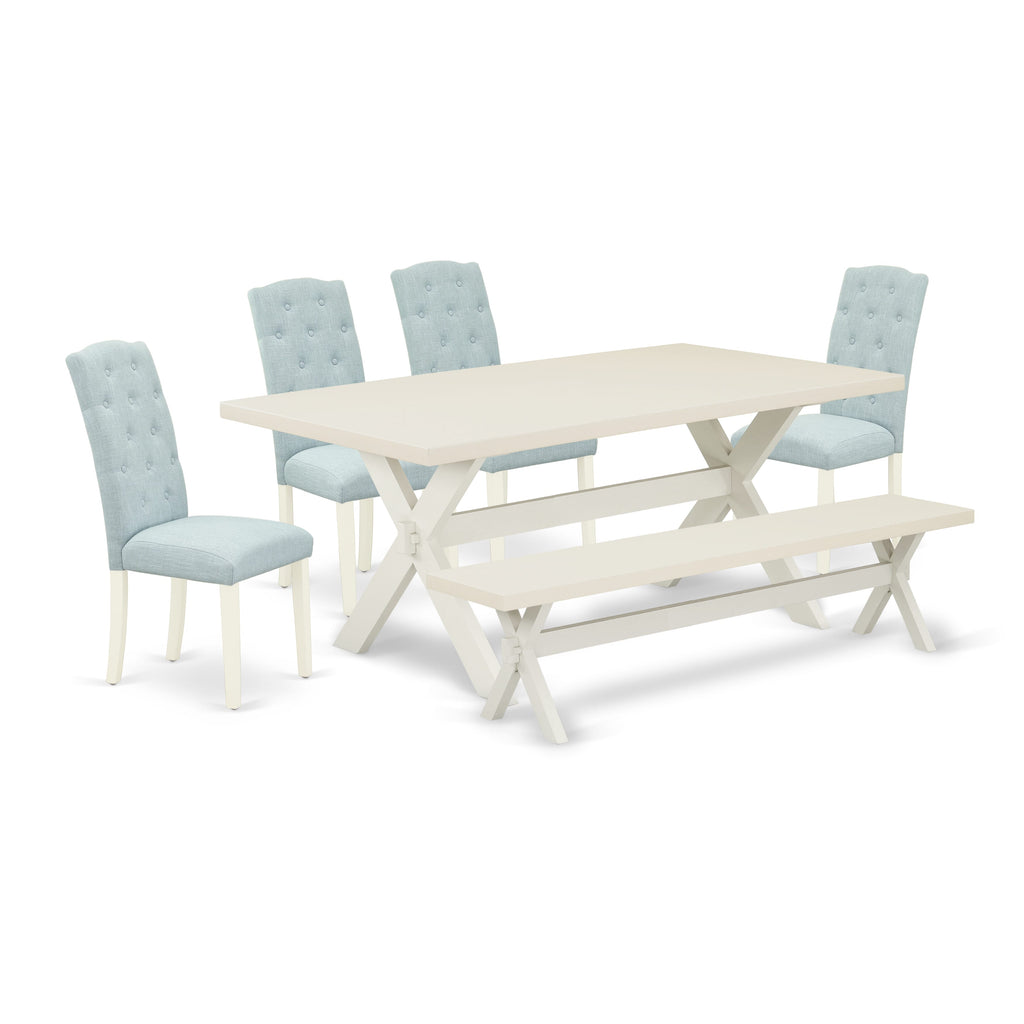 X027C6HAK-I 6-Piece Dining Ensemble with Rectangular Table, Upholstered Chairs in Baby Blue and Versatile Bench