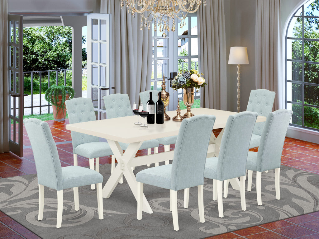 X027C0QUS-O Nine Piece Dining Ensemble with X-Leg Table & Eight Blue Upholstered Parson Chairs, 40x72, Multicolor