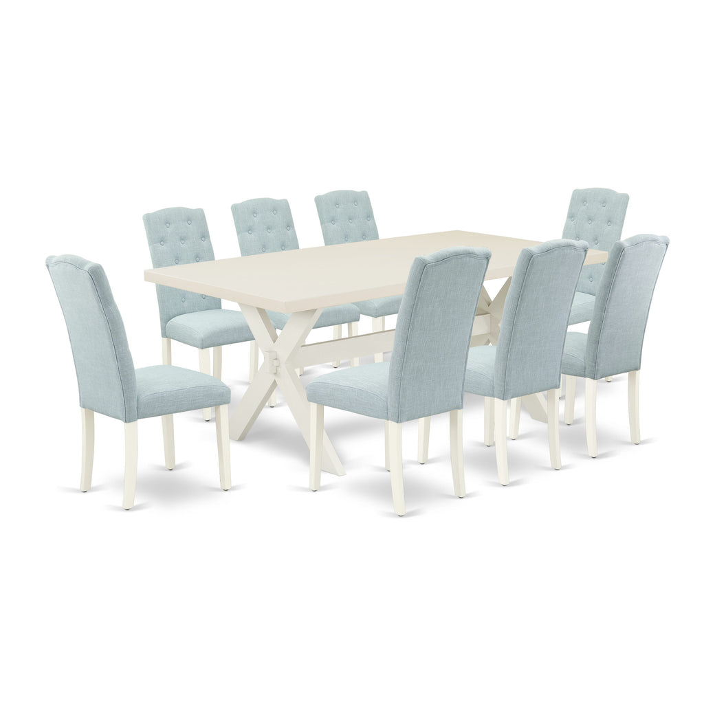 X027C0QUS-O Nine Piece Dining Ensemble with X-Leg Table & Eight Blue Upholstered Parson Chairs, 40x72, Multicolor