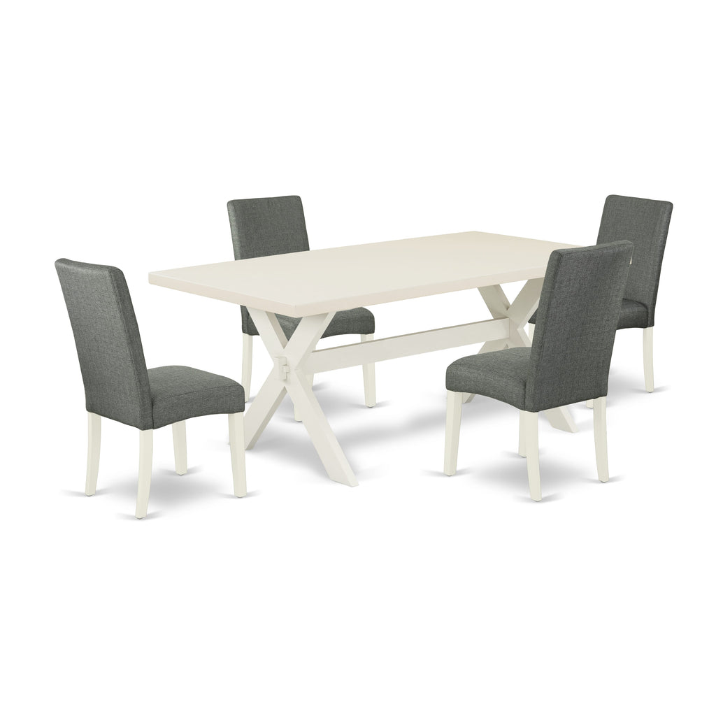 X027DLWY1-U 5-Piece Set Rectangular Dining Table with Cross-Legs & 4 Gray Linen Parsons Chairs