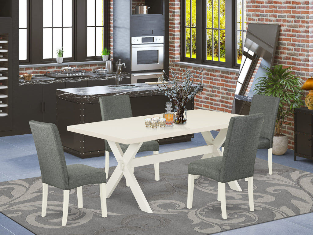 X027DLWY1-U 5-Piece Set Rectangular Dining Table with Cross-Legs & 4 Gray Linen Parsons Chairs