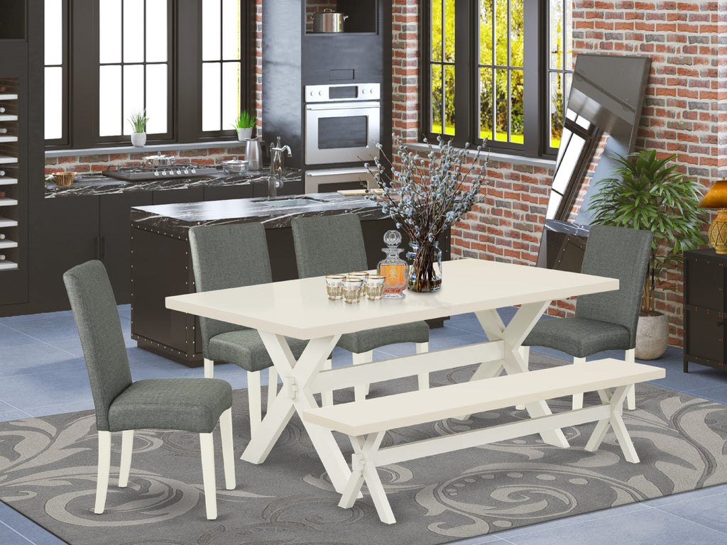 X027D4ADP-R - Stylish 6-Piece Dining Ensemble Featuring Bench, Upholstered Chairs and Sturdy Rectangular Table with X-Legs, Multicolor