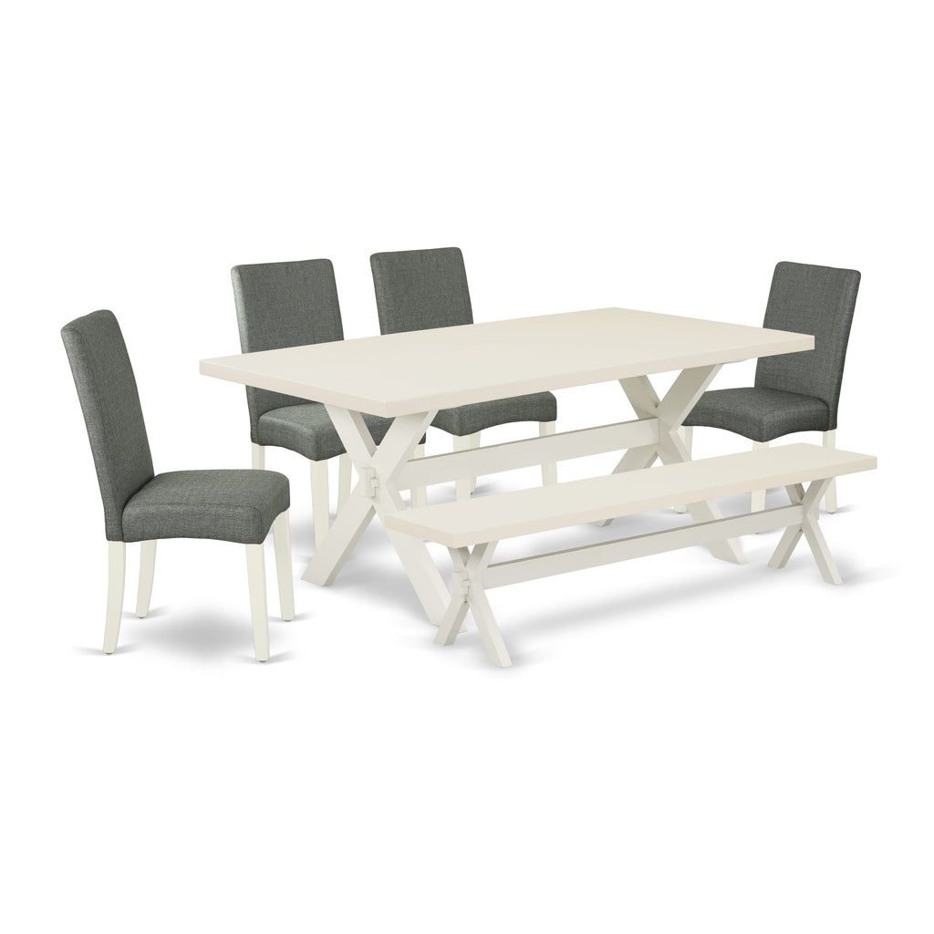 X027D4ADP-R - Stylish 6-Piece Dining Ensemble Featuring Bench, Upholstered Chairs and Sturdy Rectangular Table with X-Legs, Multicolor