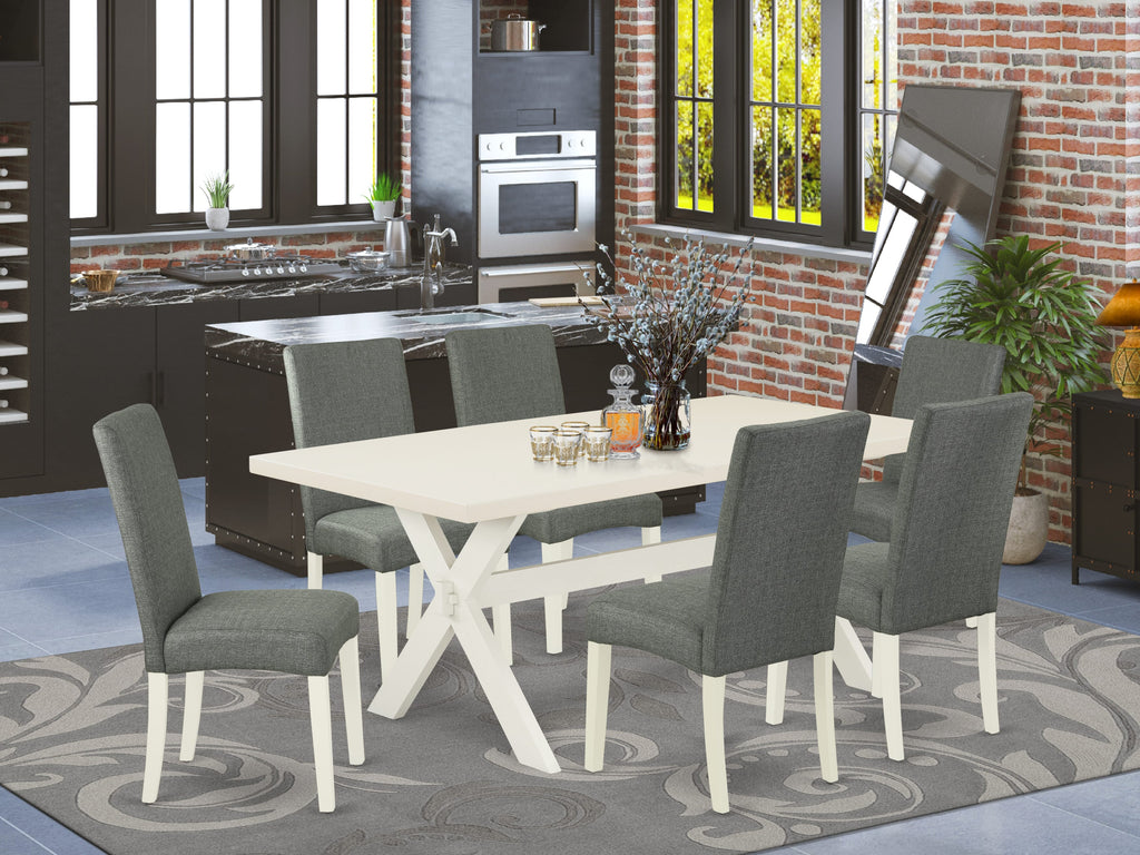 X027DA7WI 7-Piece Contemporary Dining Set Rectangular Table with X-Legs and 6 Fabric Chairs, 40x72 Inch