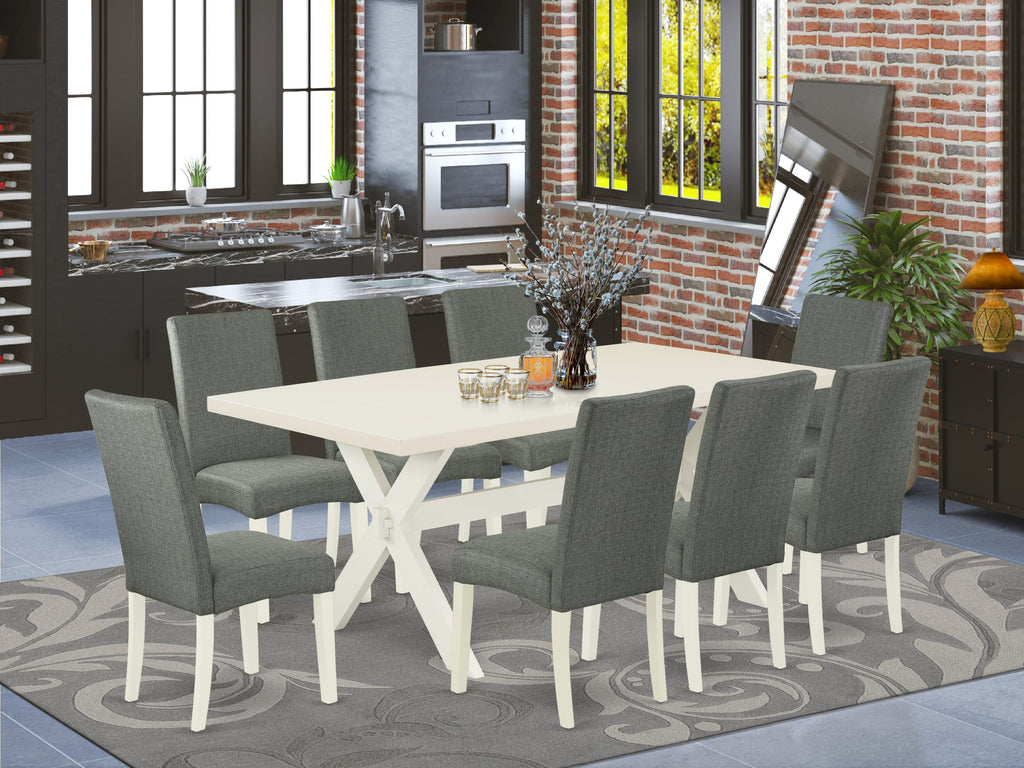 X027DEUD1-B 9-Piece Dining Ensemble Rectangular Table & 8 Gray Parsons Chairs, Multi-Color, Linen Upholstery