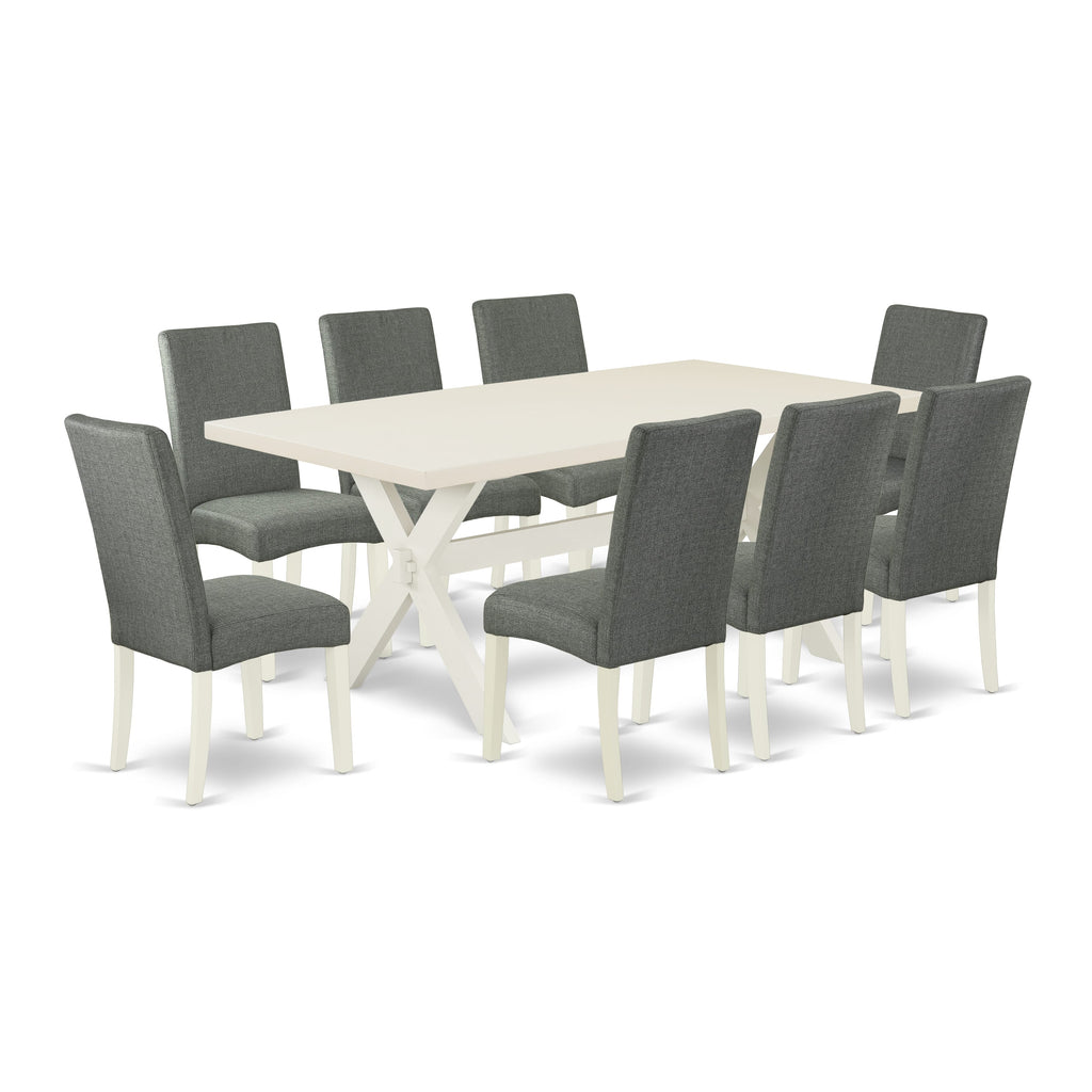 X027DEUD1-B 9-Piece Dining Ensemble Rectangular Table & 8 Gray Parsons Chairs, Multi-Color, Linen Upholstery