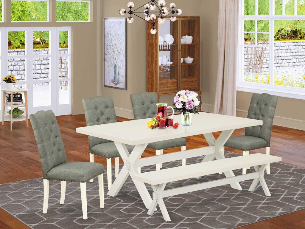 X027EKRNY-H 6-Piece Dining Set with Rectangle Table, X-Legs, 4 Gray Chairs, and Bench, 40x72