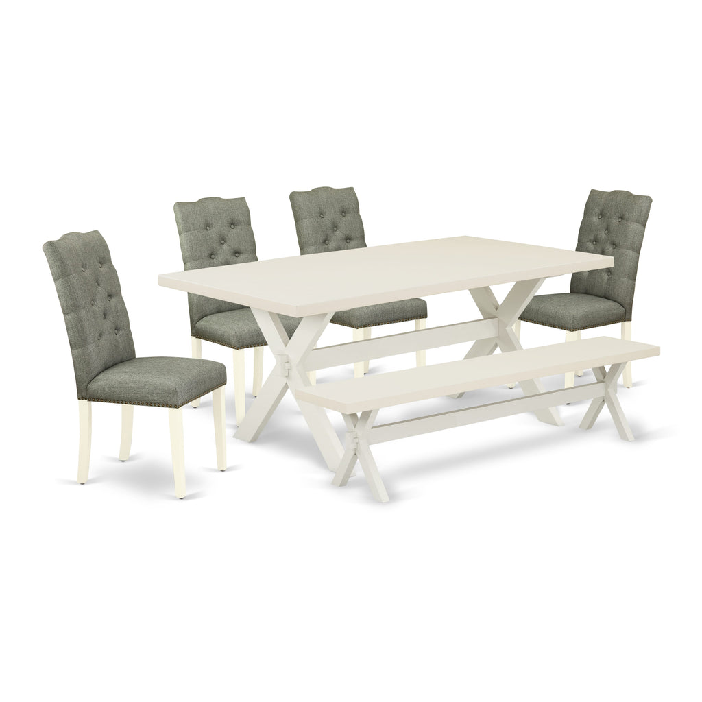 X027EKRNY-H 6-Piece Dining Set with Rectangle Table, X-Legs, 4 Gray Chairs, and Bench, 40x72