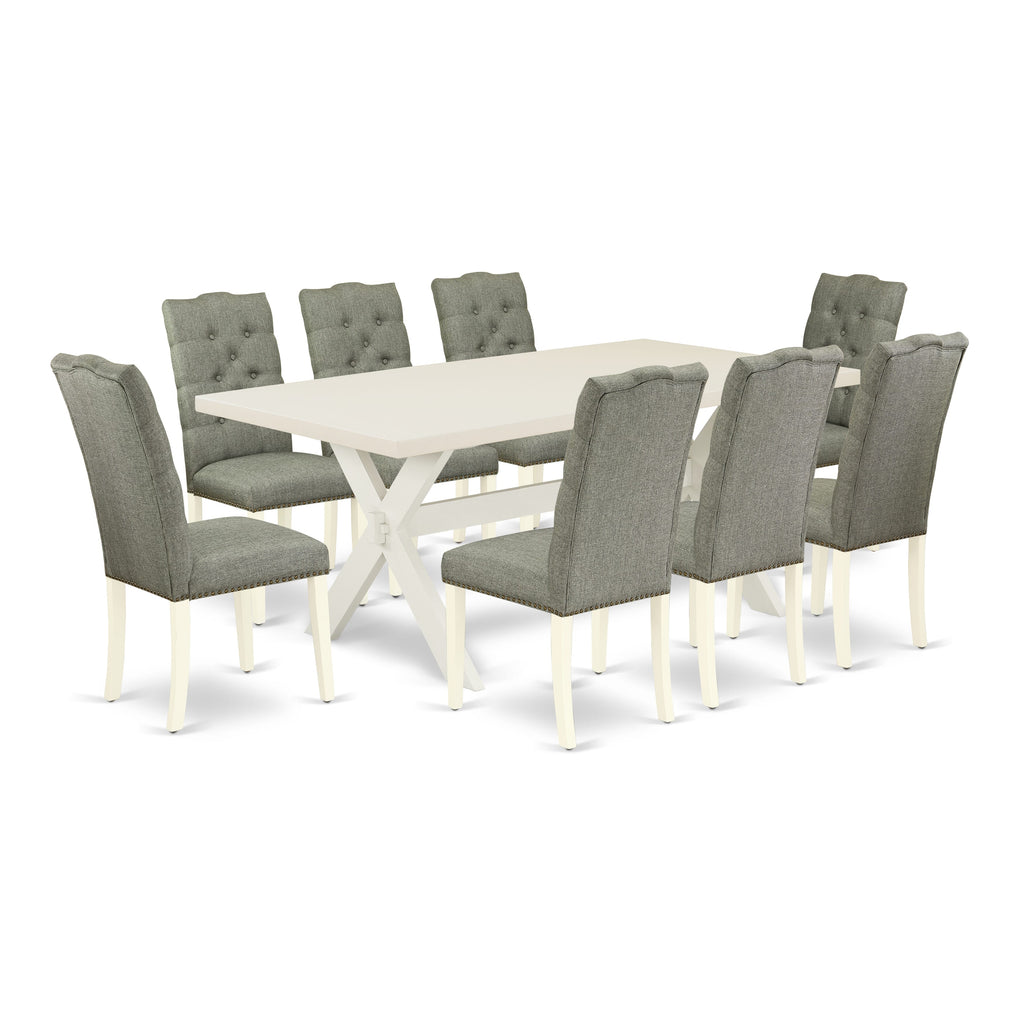 X027EDMYJ-T 9-Piece Dining Ensemble Rectangular Table with X-Legs & 8 Fabric Parson Chairs, Multi-Color