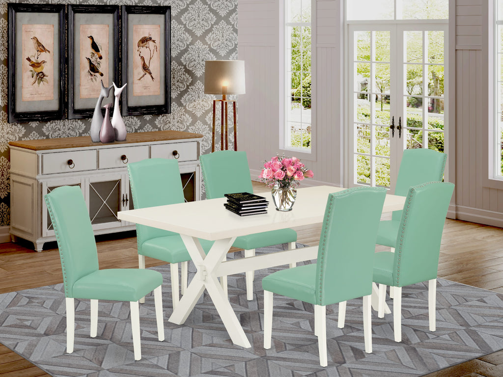 X027EISE4-V Elegant 7-Piece Dining Set - Rectangular Table, X-Legs, & 6 Stylish Faux Leather Chairs, Multi-Finish