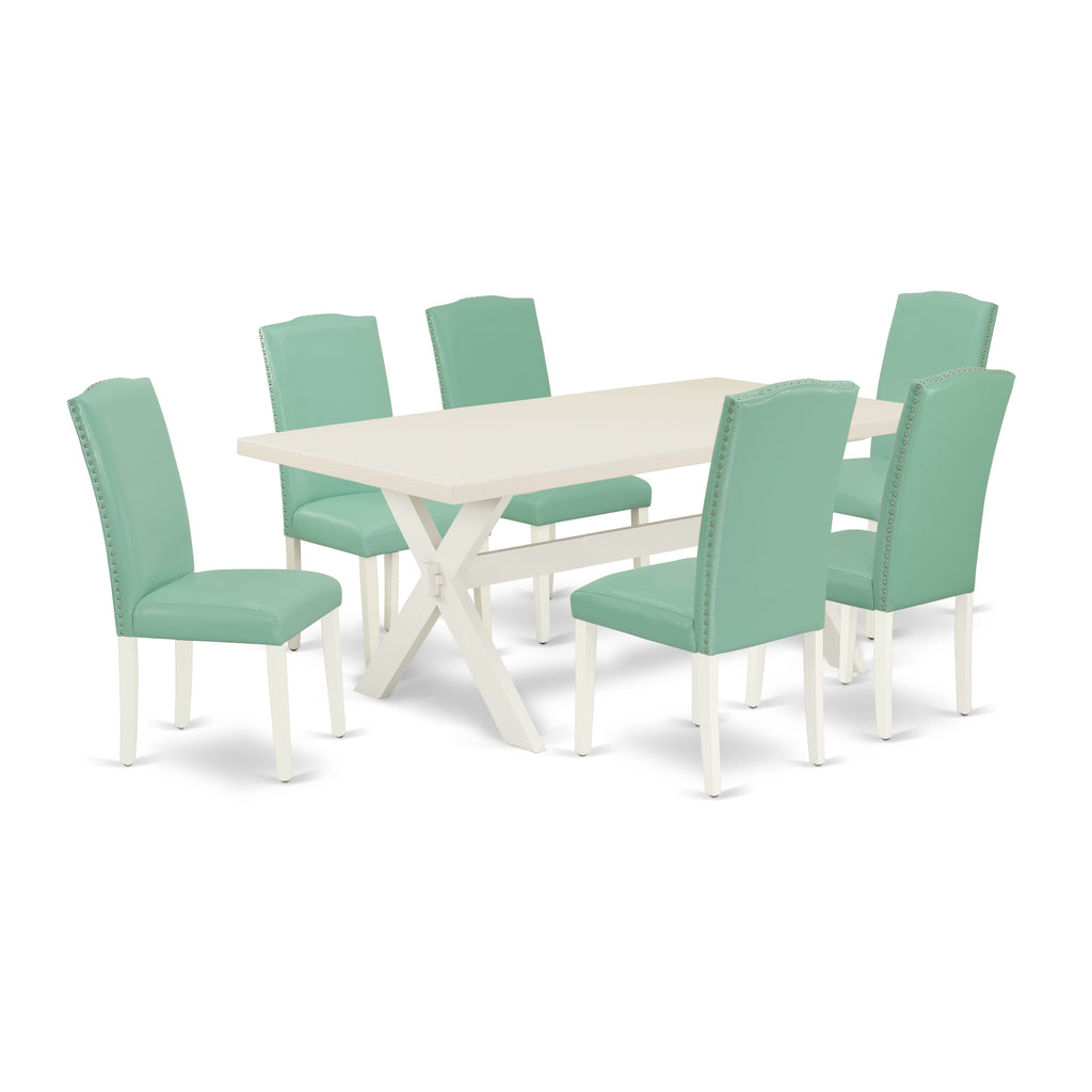 X027EISE4-V Elegant 7-Piece Dining Set - Rectangular Table, X-Legs, & 6 Stylish Faux Leather Chairs, Multi-Finish