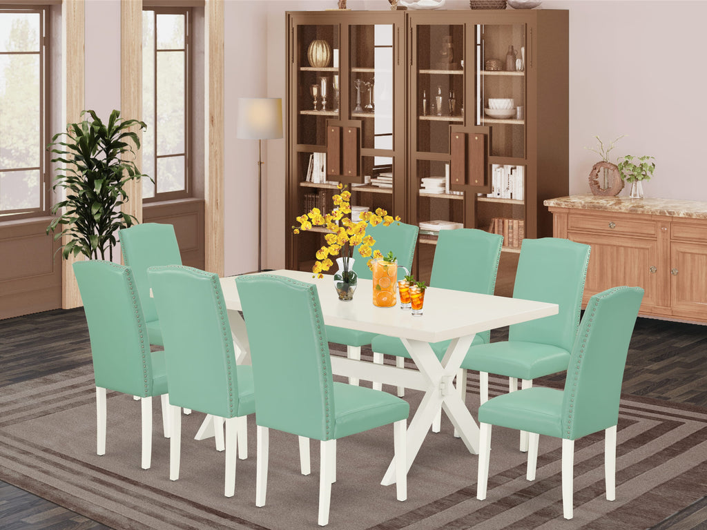 X027EWD4B-3 9-Piece Dining Set with Rectangle Table and Faux Leather Chairs, Multi-Color, 40x72 Inches